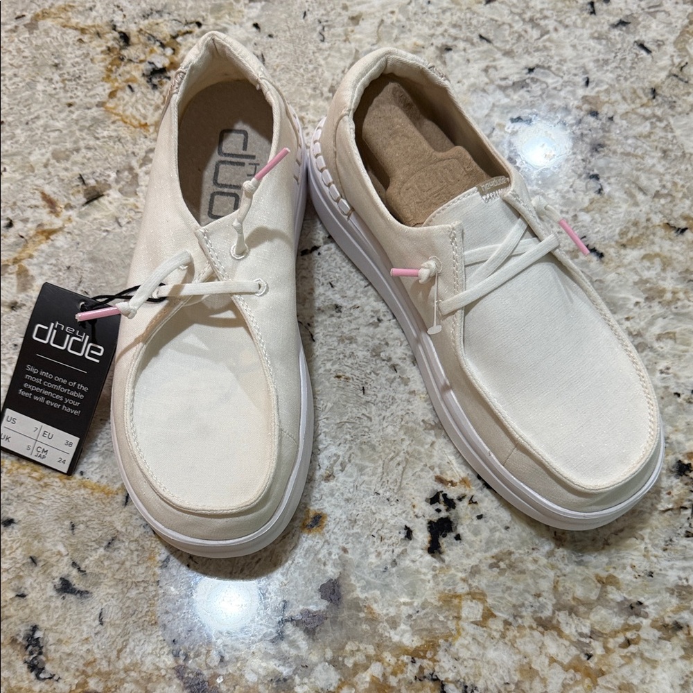Hey Dude Cream and Pink Lace-Up Shoes